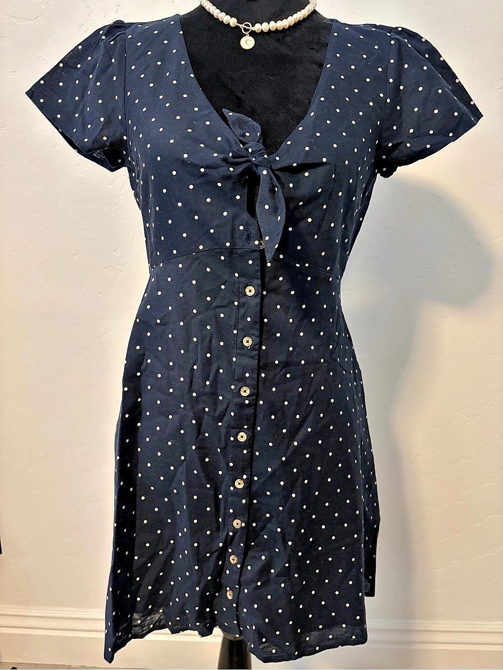 Abercrombie & Fitch Polka Dot Tie-Front Button Mini Dress Blue & Yellow